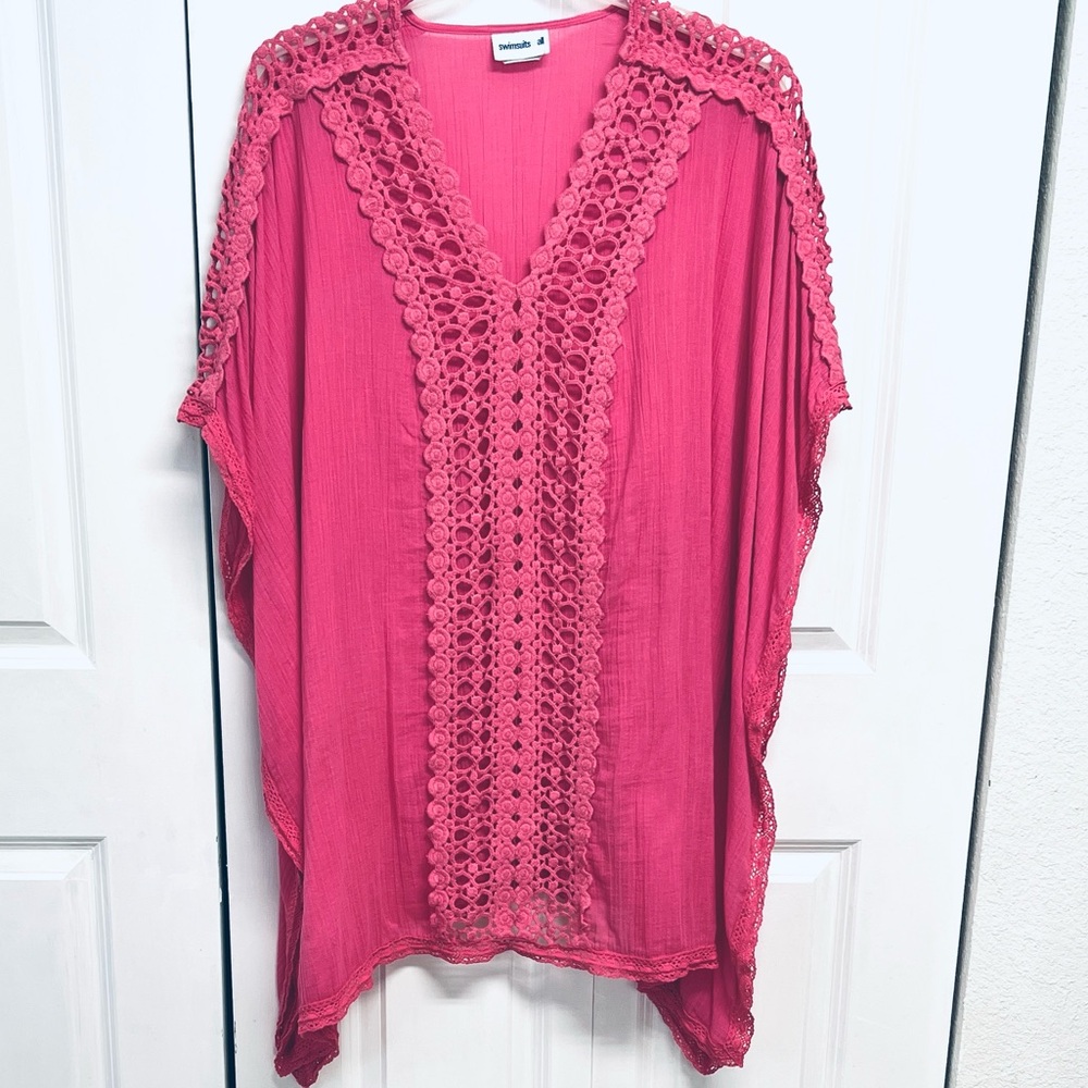 Swimsuits For All Pink Crochet-Trim Caftan Bathing Suits Cover Up Size 14 /16